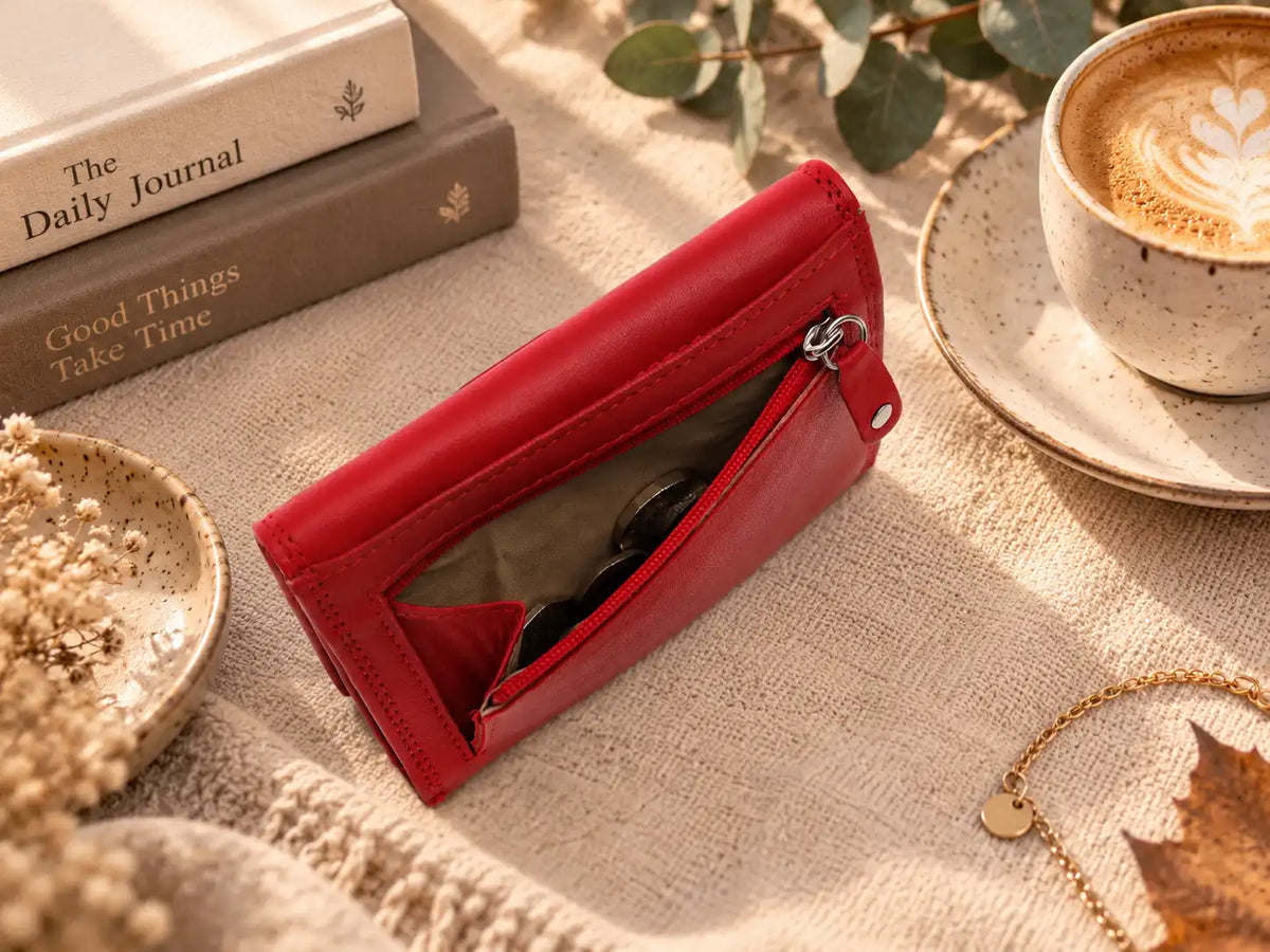 Red genuine leather ladies purse with open rear zipped coin pocket