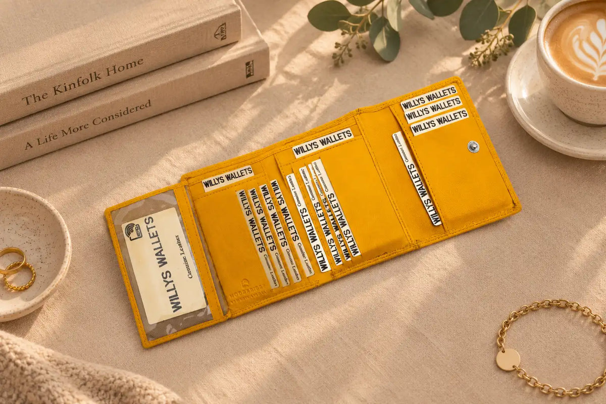 Open yellow leather purse showing multiple card slots and press stud closure