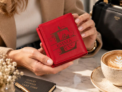 Woman holding personalised red leather purse engraved with Emma monogram