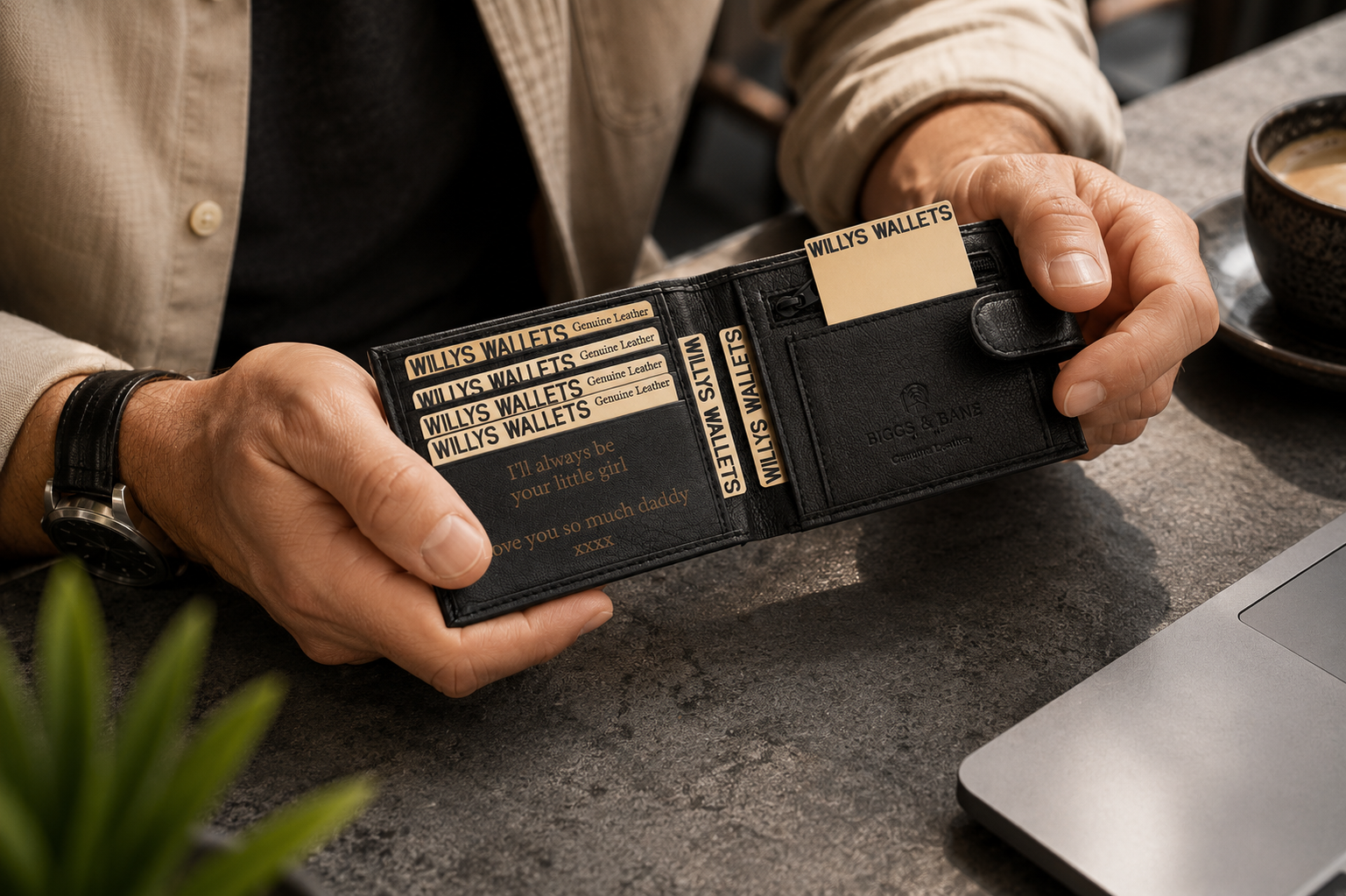 Personalised Black Leather Wallet – Bifold with Zip Coin Pocket