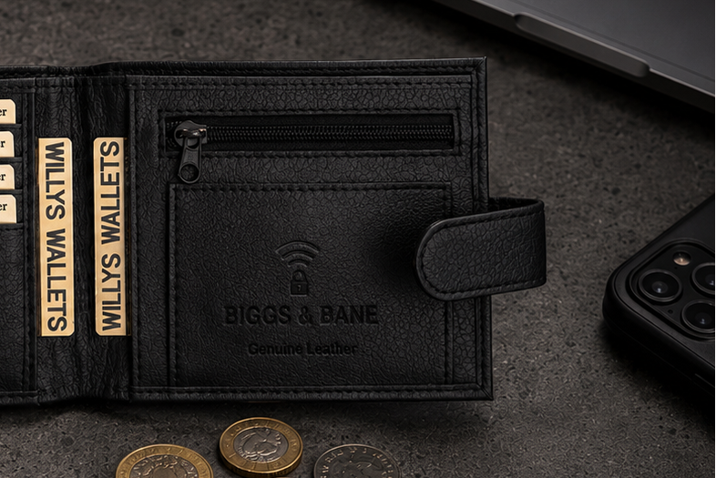 Personalised Black Leather Wallet – Bifold with Zip Coin Pocket