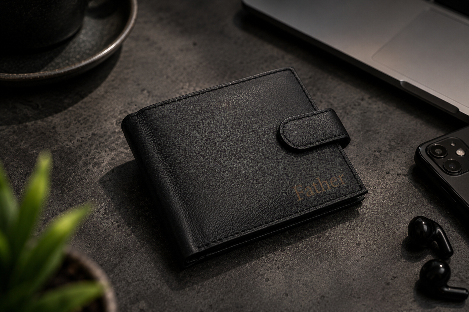 Personalised Black Leather Wallet – Bifold with Zip Coin Pocket