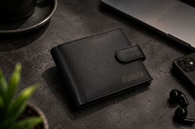 Personalised Black Leather Wallet – Bifold with Zip Coin Pocket