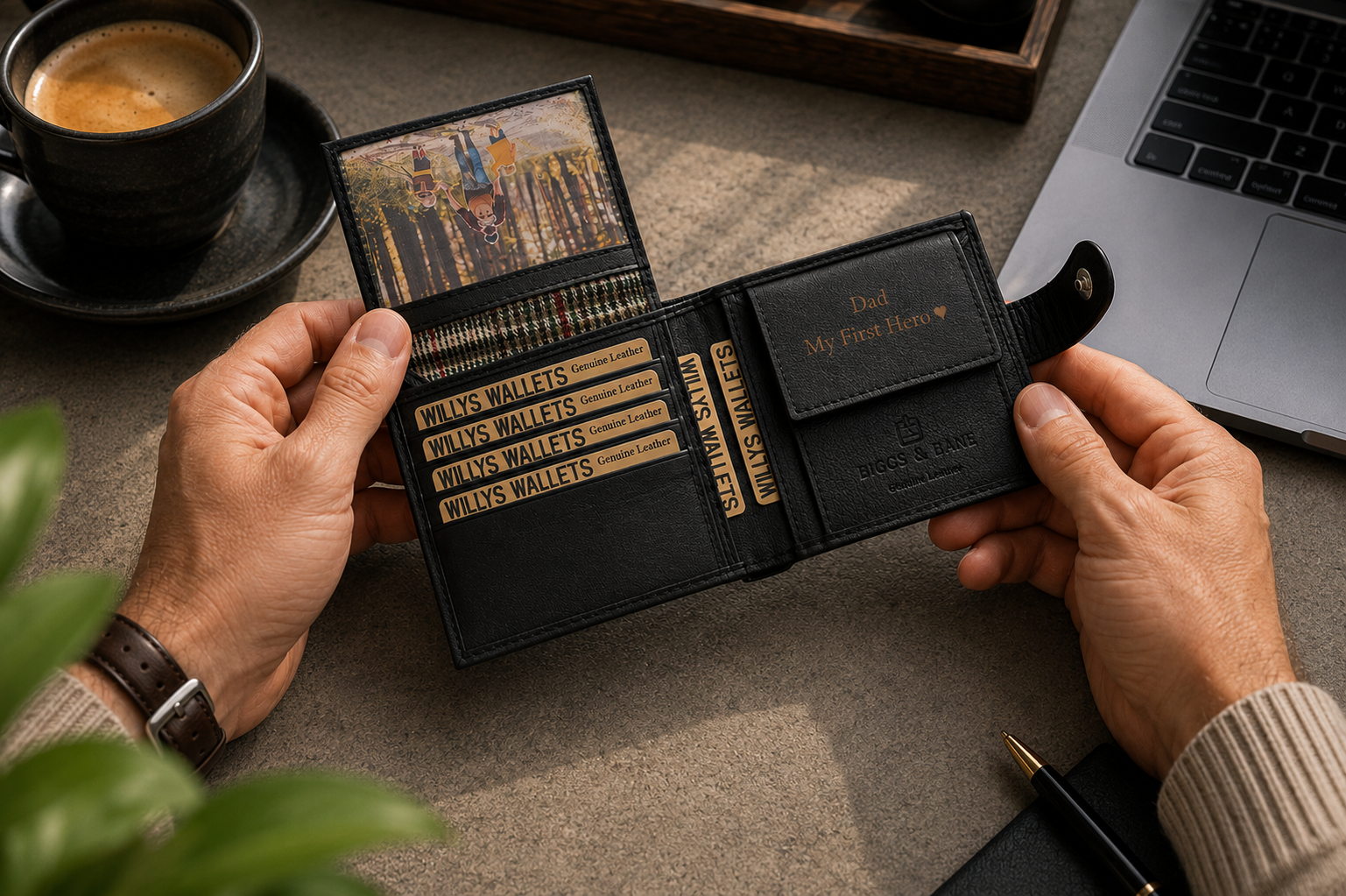 Personalised Black Leather Wallet – Bifold with Coin Pocket & Custom Engraving