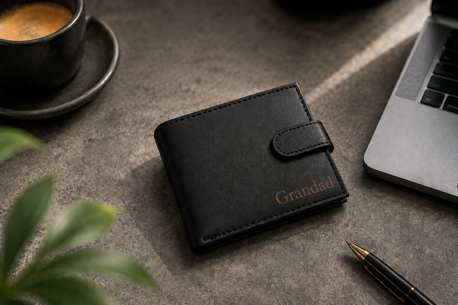 Personalised Black Leather Wallet – Bifold with Coin Pocket & Custom Engraving