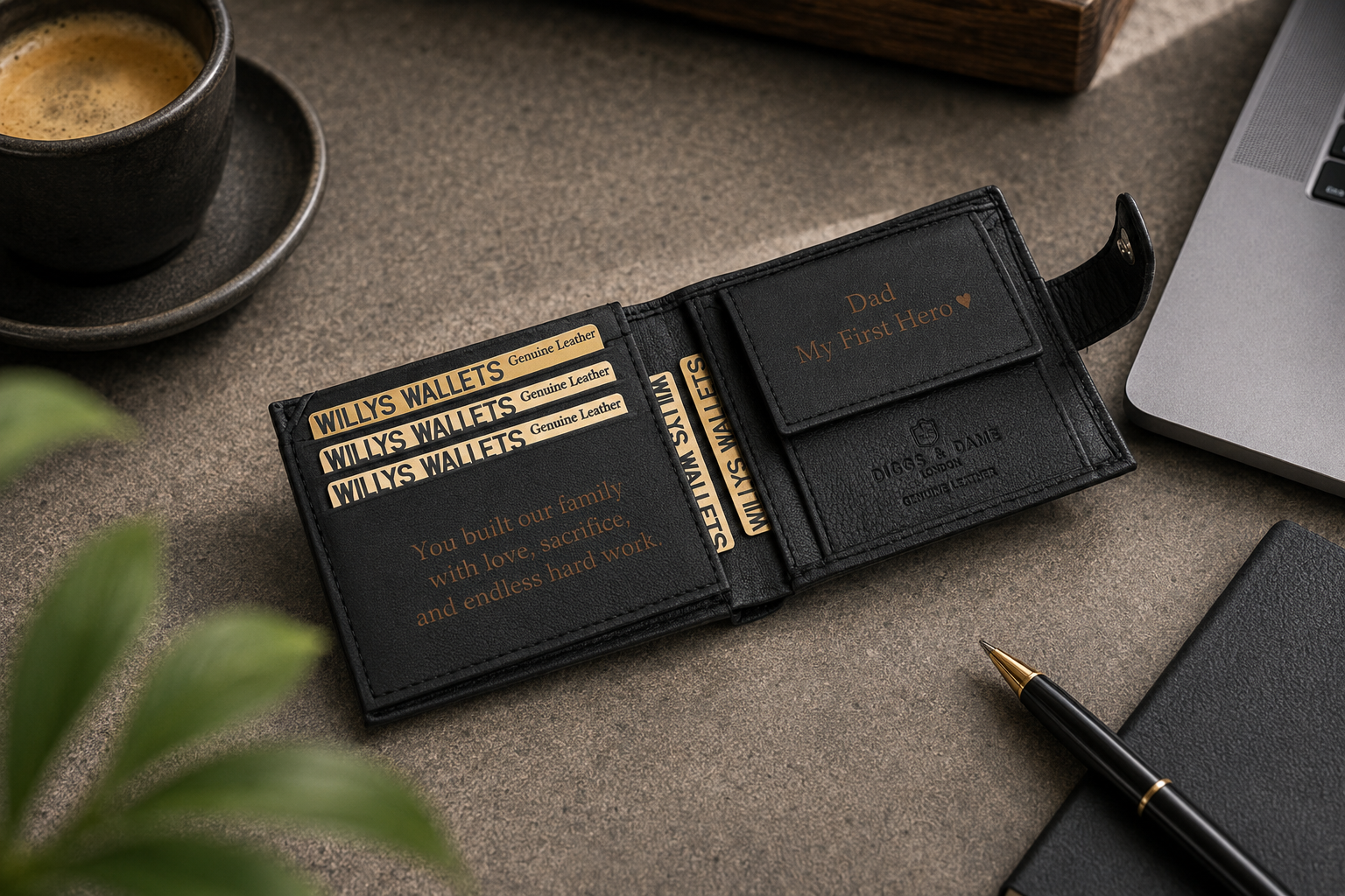 Personalised Black Leather Wallet – Bifold with Coin Pocket & Custom Engraving