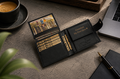 Personalised Black Leather Wallet – Bifold with Coin Pocket & Custom Engraving