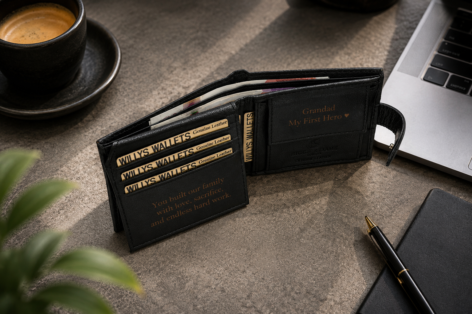 Personalised Black Leather Wallet – Bifold with Coin Pocket & Custom Engraving