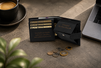 Personalised Black Leather Wallet – Bifold with Coin Pocket & Custom Engraving