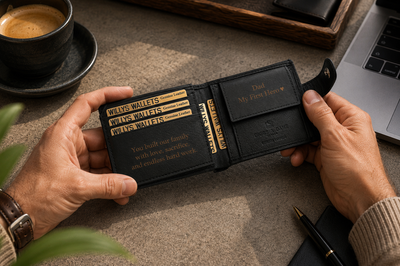 Personalised Black Leather Wallet – Bifold with Coin Pocket & Custom Engraving