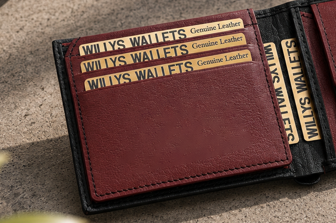 Personalised Black & Burgundy Leather Wallet – Bifold with Coin Pocket & Custom Engraving
