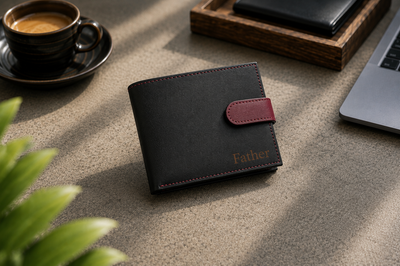 Personalised Black & Burgundy Leather Wallet – Bifold with Coin Pocket & Custom Engraving
