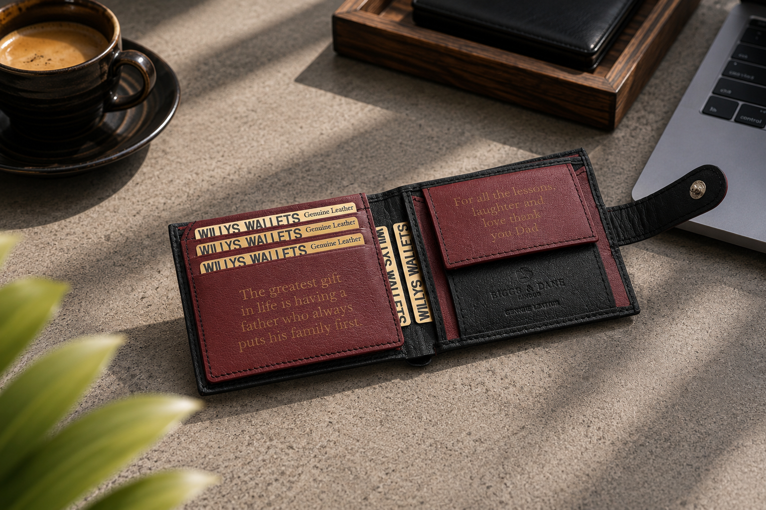 Personalised Black & Burgundy Leather Wallet – Bifold with Coin Pocket & Custom Engraving