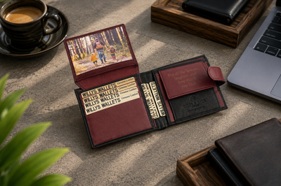 Personalised Black & Burgundy Leather Wallet – Bifold with Coin Pocket & Custom Engraving