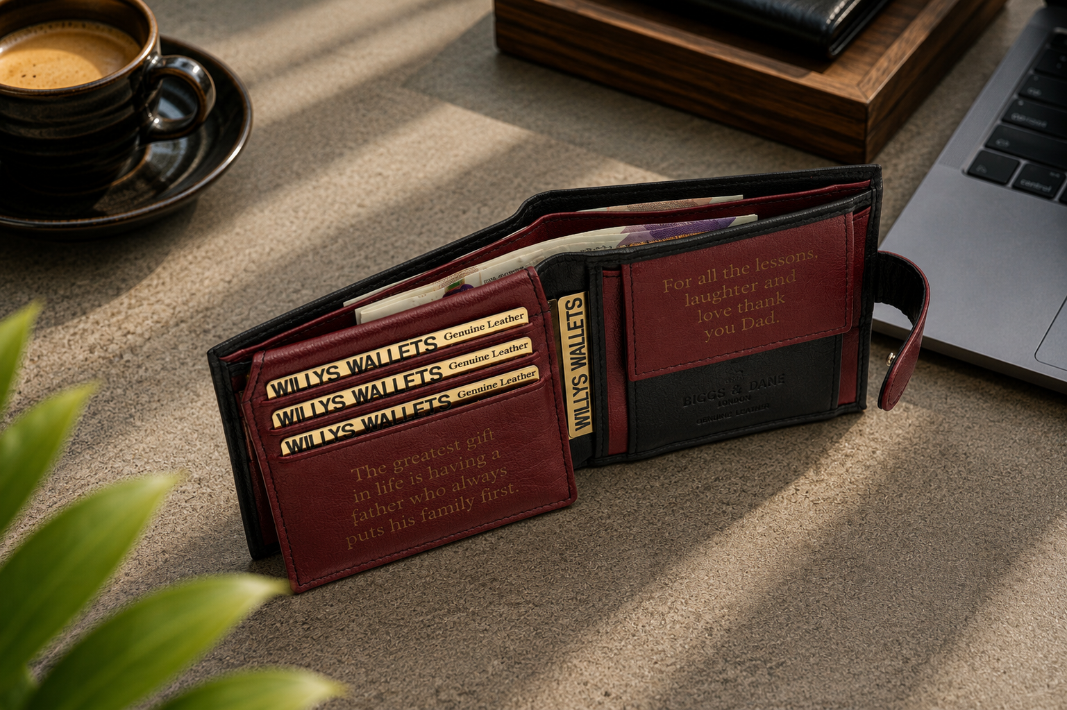 Personalised Black & Burgundy Leather Wallet – Bifold with Coin Pocket & Custom Engraving