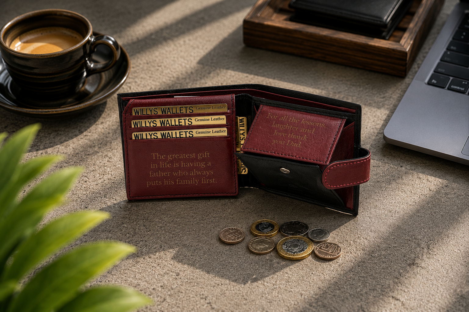 Personalised Black & Burgundy Leather Wallet – Bifold with Coin Pocket & Custom Engraving