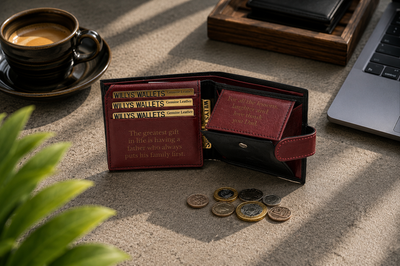 Personalised Black & Burgundy Leather Wallet – Bifold with Coin Pocket & Custom Engraving