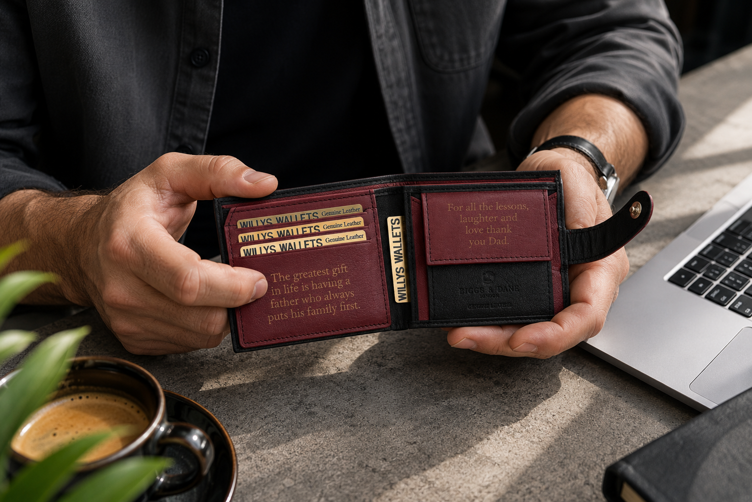 Personalised Black & Burgundy Leather Wallet – Bifold with Coin Pocket & Custom Engraving