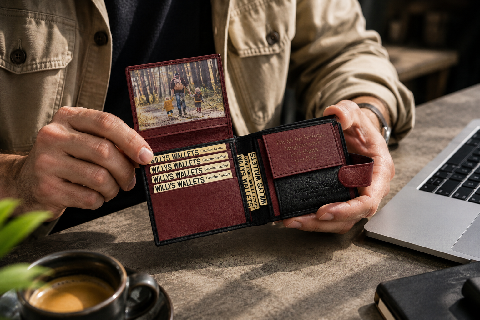 Personalised Black & Burgundy Leather Wallet – Bifold with Coin Pocket & Custom Engraving