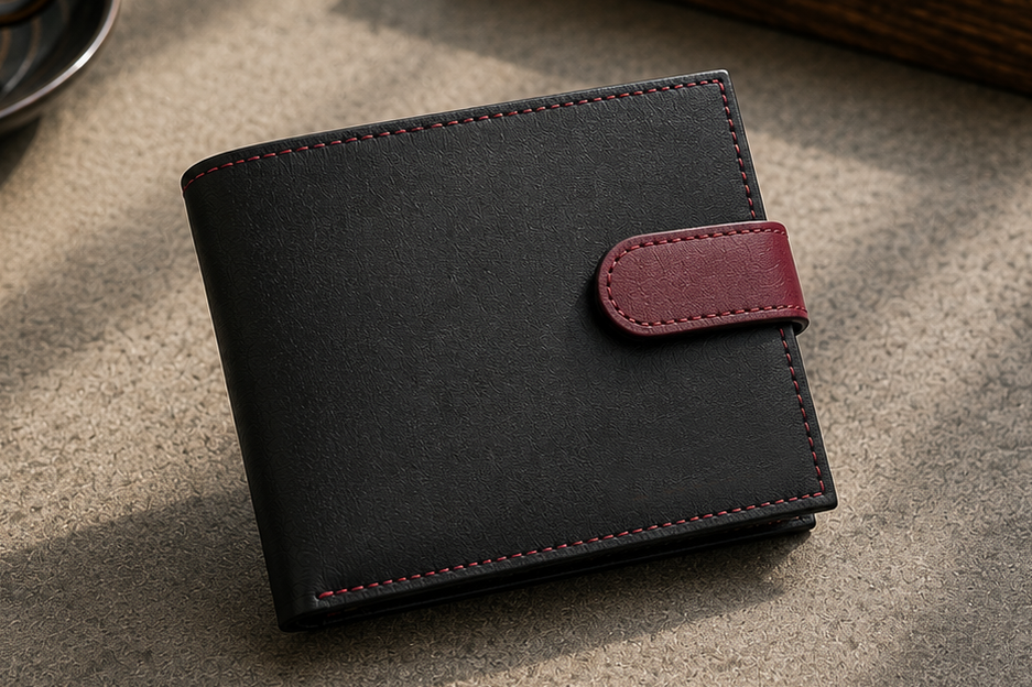 Personalised Black & Burgundy Leather Wallet – Bifold with Coin Pocket & Custom Engraving