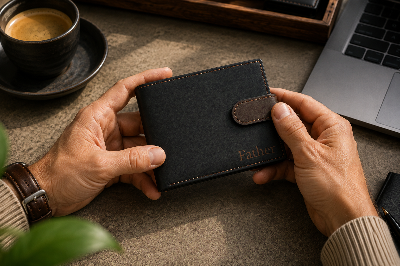 Personalised Black & Dark Brown Leather Wallet – Bifold with Coin Pocket & Custom Engraving