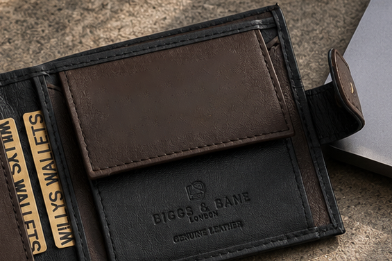 Personalised Black & Dark Brown Leather Wallet – Bifold with Coin Pocket & Custom Engraving