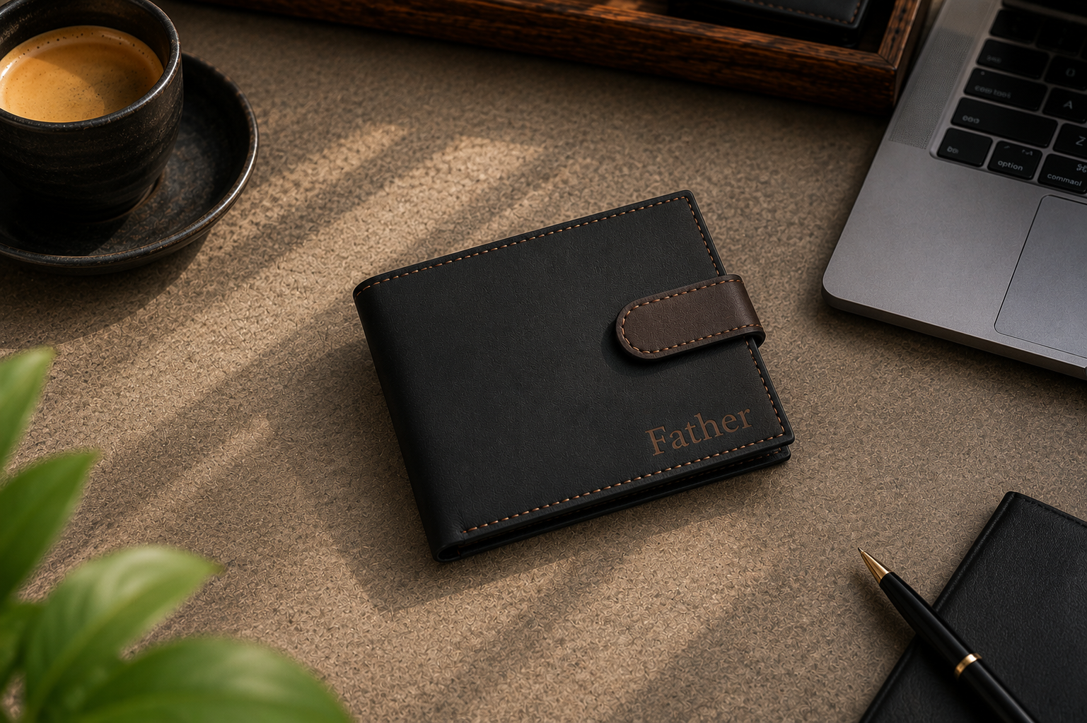 Personalised Black & Dark Brown Leather Wallet – Bifold with Coin Pocket & Custom Engraving