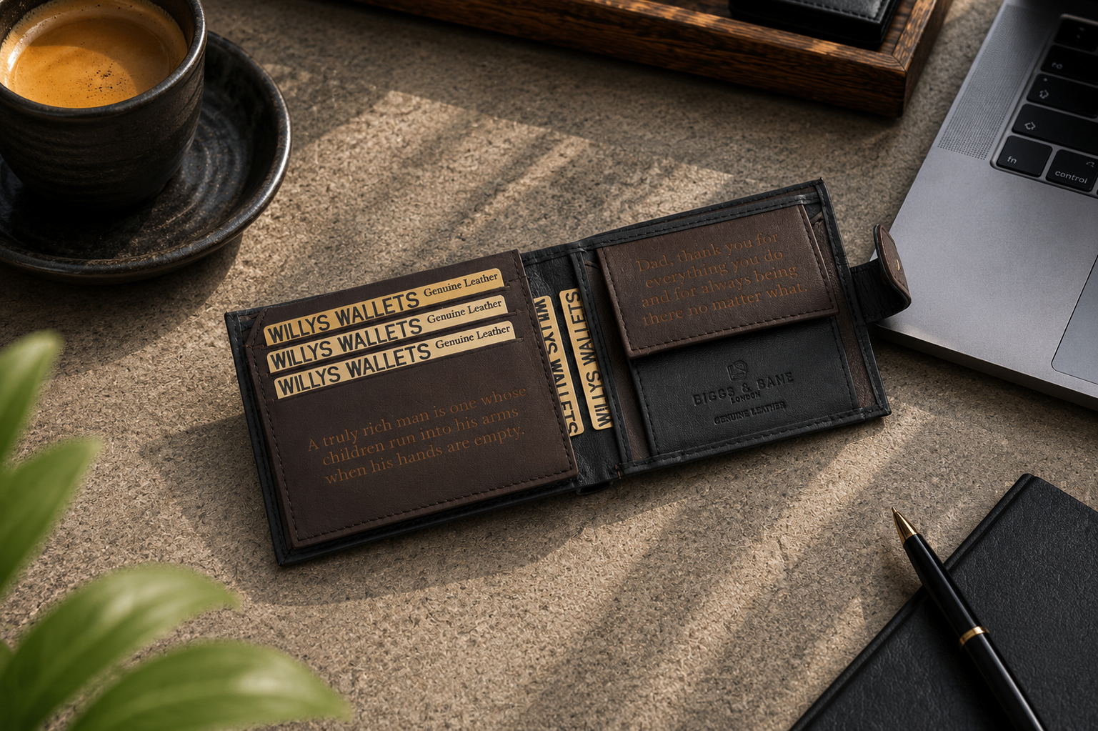 Personalised Black & Dark Brown Leather Wallet – Bifold with Coin Pocket & Custom Engraving