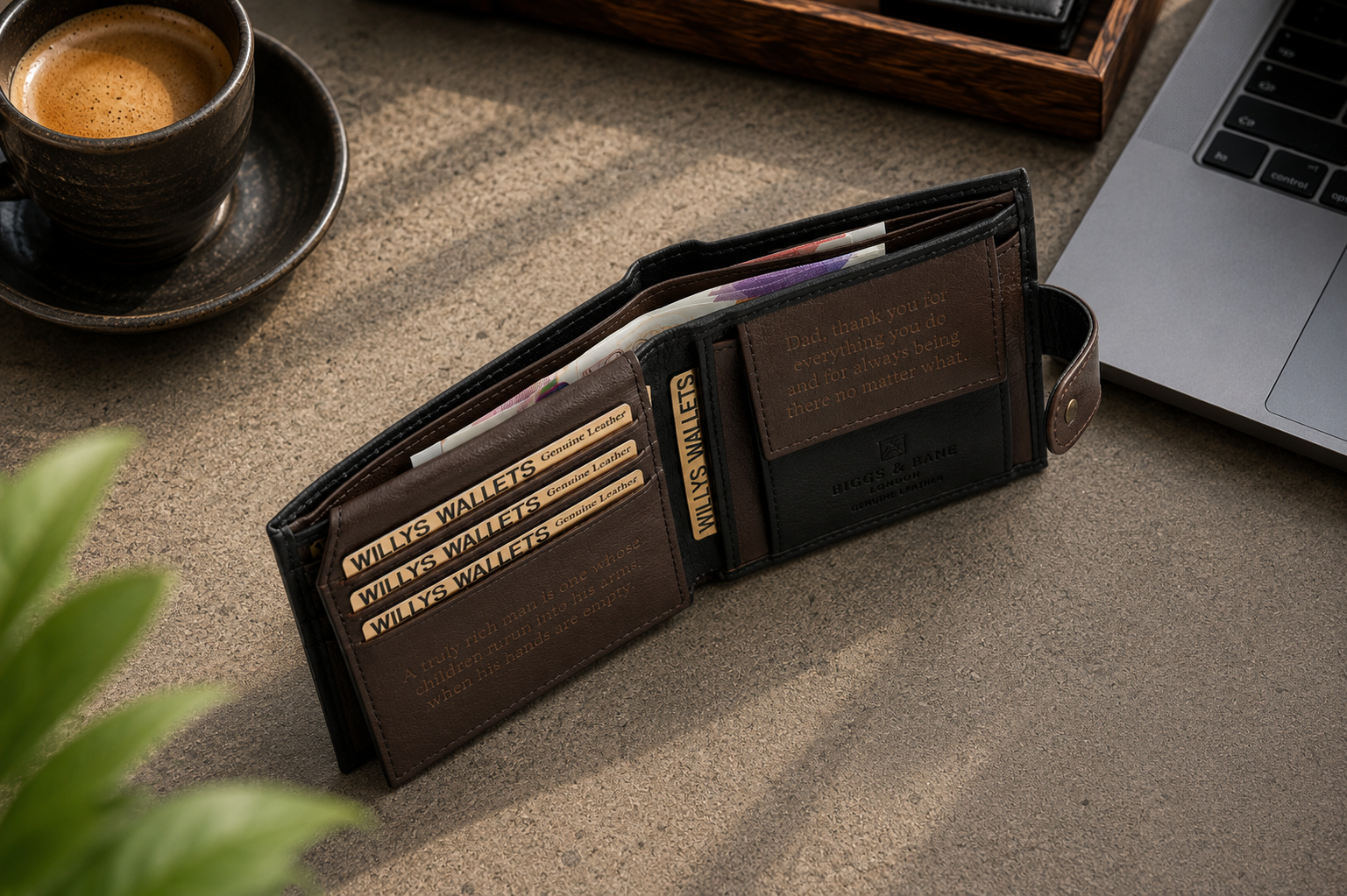 Personalised Black & Dark Brown Leather Wallet – Bifold with Coin Pocket & Custom Engraving