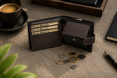 Personalised Black & Dark Brown Leather Wallet – Bifold with Coin Pocket & Custom Engraving