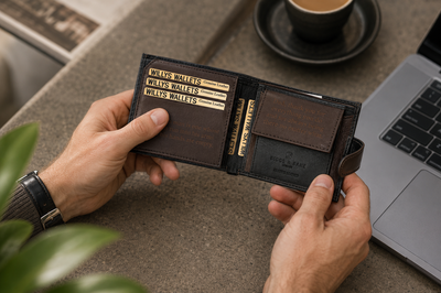 Personalised Black & Dark Brown Leather Wallet – Bifold with Coin Pocket & Custom Engraving