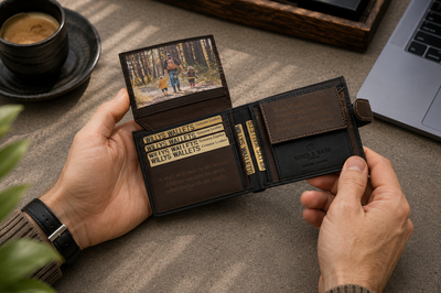 Personalised Black & Dark Brown Leather Wallet – Bifold with Coin Pocket & Custom Engraving