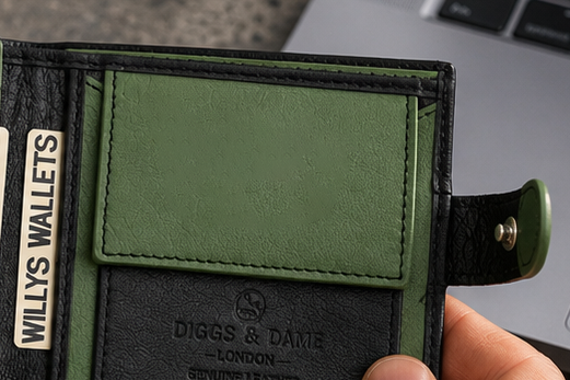Personalised Black & Green Leather Wallet – Bifold with Coin Pocket & Custom Engraving