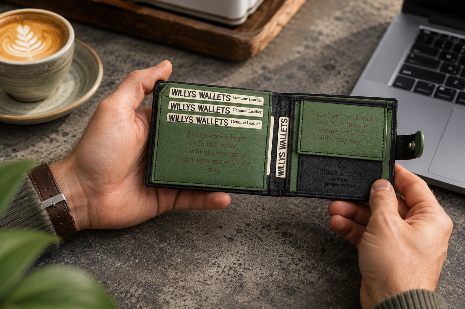 Personalised Black & Green Leather Wallet – Bifold with Coin Pocket & Custom Engraving