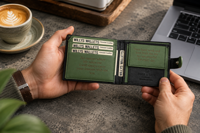 Personalised Black & Green Leather Wallet – Bifold with Coin Pocket & Custom Engraving