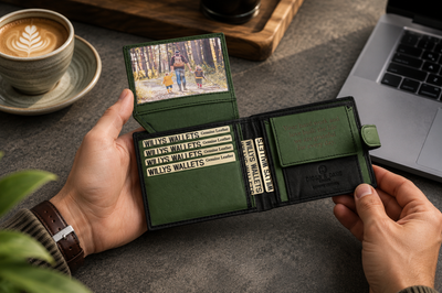 Personalised Black & Green Leather Wallet – Bifold with Coin Pocket & Custom Engraving