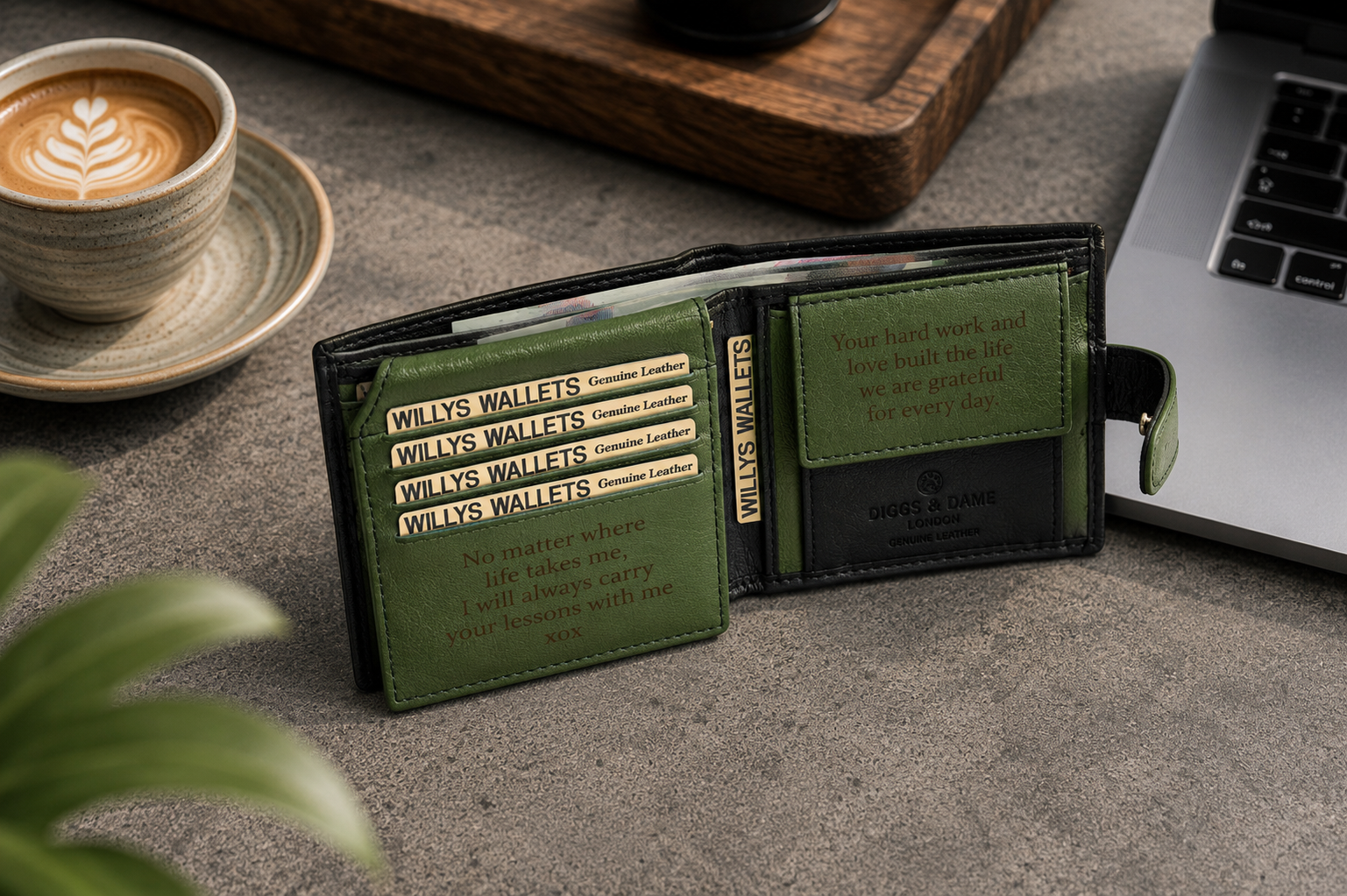 Personalised Black & Green Leather Wallet – Bifold with Coin Pocket & Custom Engraving