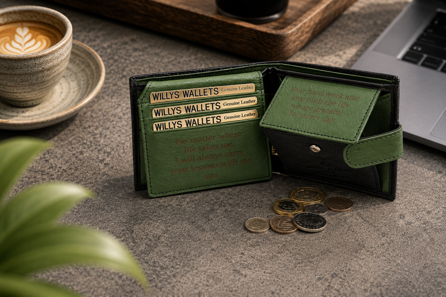 Personalised Black & Green Leather Wallet – Bifold with Coin Pocket & Custom Engraving