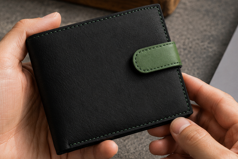 Personalised Black & Green Leather Wallet – Bifold with Coin Pocket & Custom Engraving