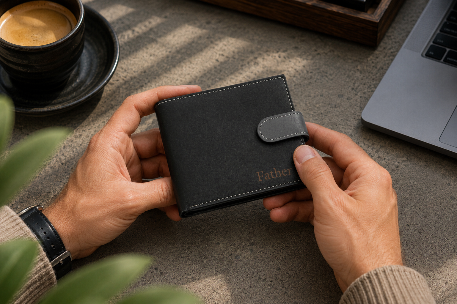 Personalised Black & Grey Leather Wallet – Bifold with Coin Pocket & Custom Engraving