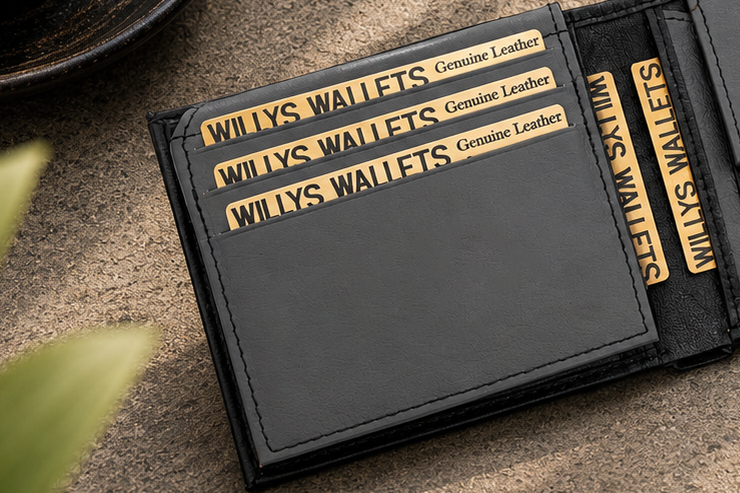 Personalised Black & Grey Leather Wallet – Bifold with Coin Pocket & Custom Engraving