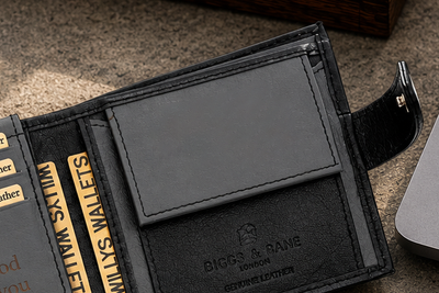 Personalised Black & Grey Leather Wallet – Bifold with Coin Pocket & Custom Engraving