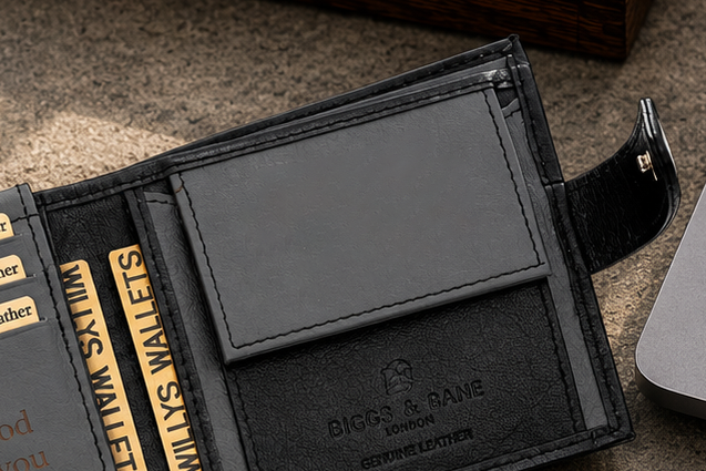 Personalised Black & Grey Leather Wallet – Bifold with Coin Pocket & Custom Engraving