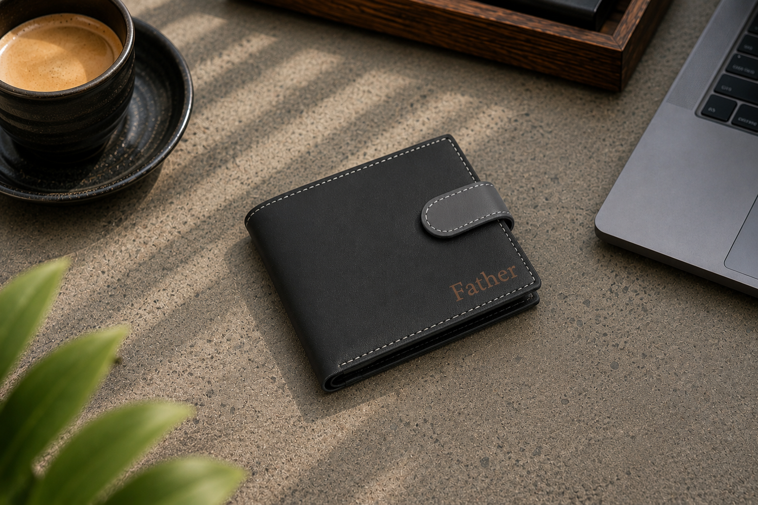 Personalised Black & Grey Leather Wallet – Bifold with Coin Pocket & Custom Engraving