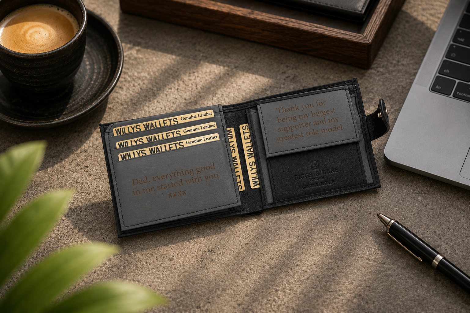 Personalised Black & Grey Leather Wallet – Bifold with Coin Pocket & Custom Engraving