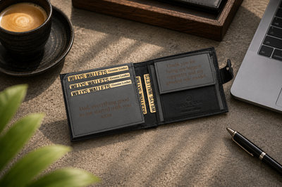 Personalised Black & Grey Leather Wallet – Bifold with Coin Pocket & Custom Engraving