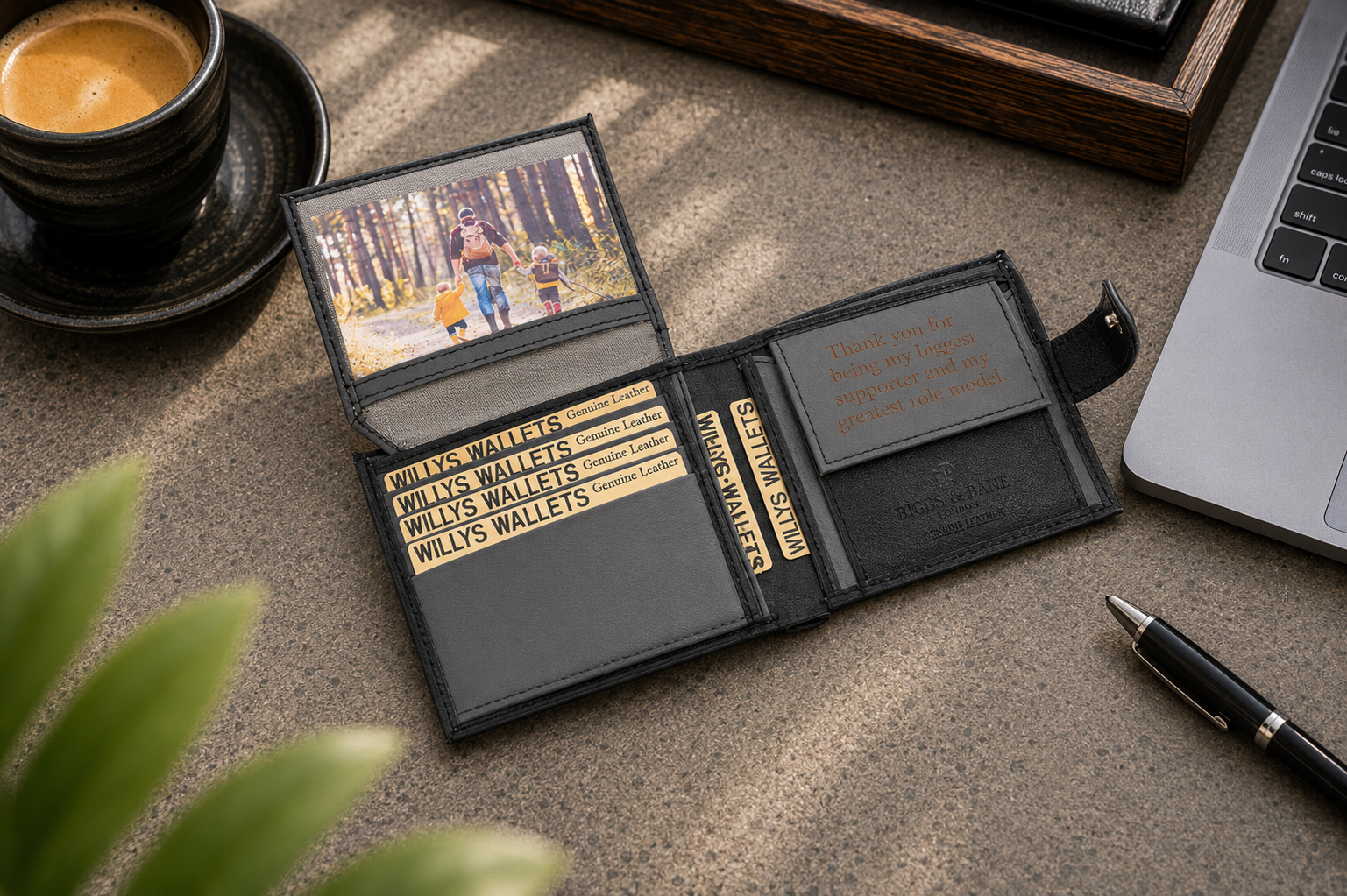 Personalised Black & Grey Leather Wallet – Bifold with Coin Pocket & Custom Engraving