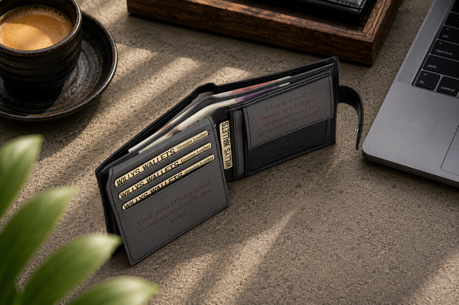 Personalised Black & Grey Leather Wallet – Bifold with Coin Pocket & Custom Engraving