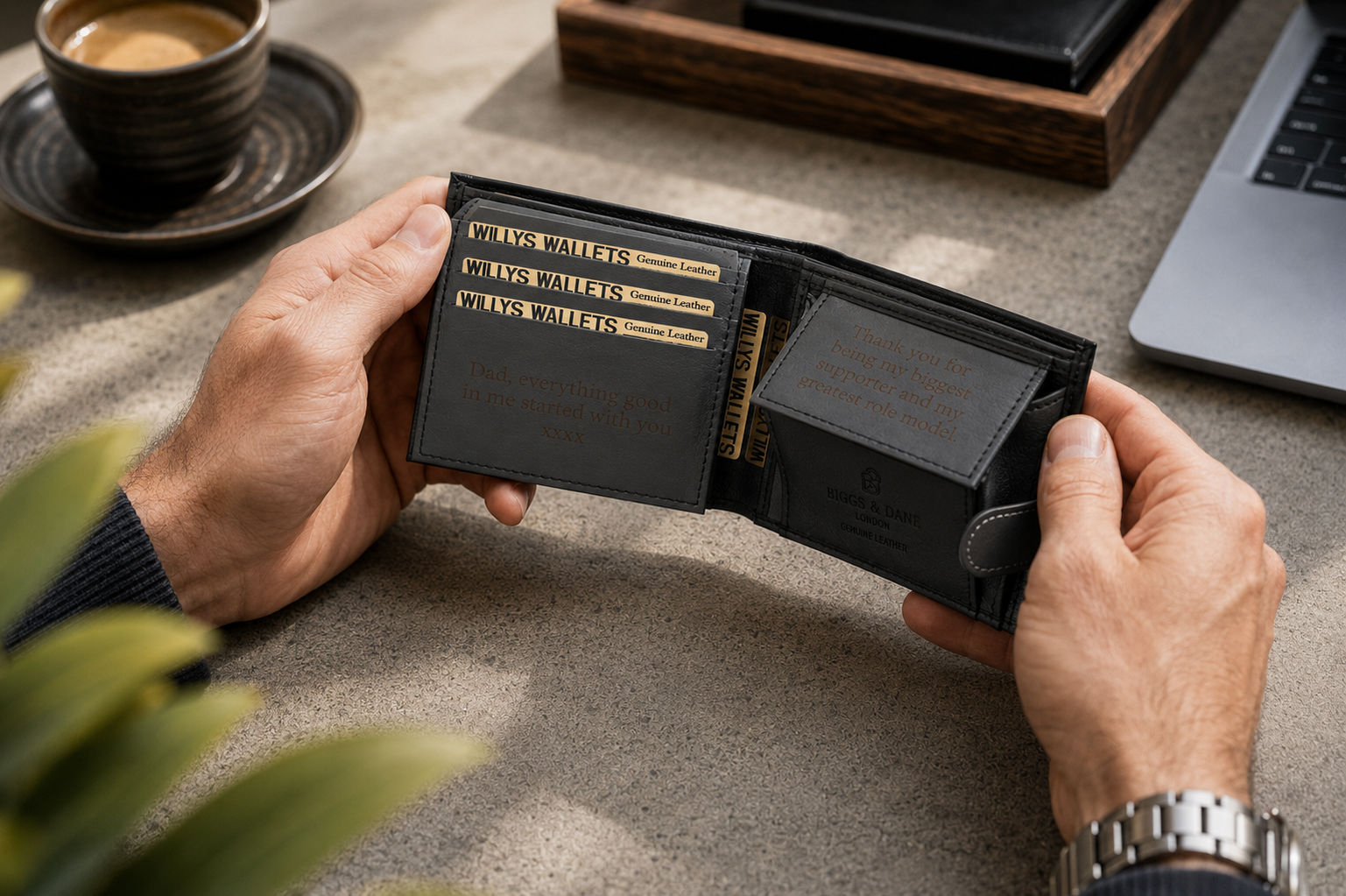 Personalised Black & Grey Leather Wallet – Bifold with Coin Pocket & Custom Engraving