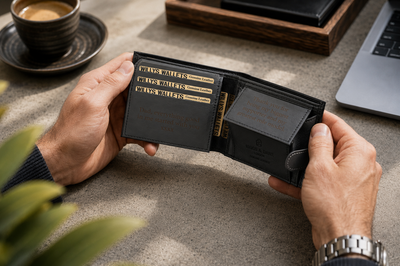 Personalised Black & Grey Leather Wallet – Bifold with Coin Pocket & Custom Engraving